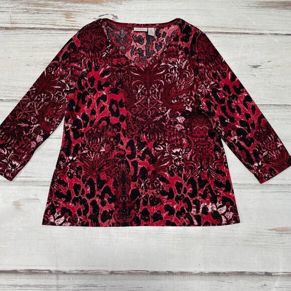 Chico's Top Shirt Round Neck Red Black Animal Print Medium 8 - Picture 12 of 12